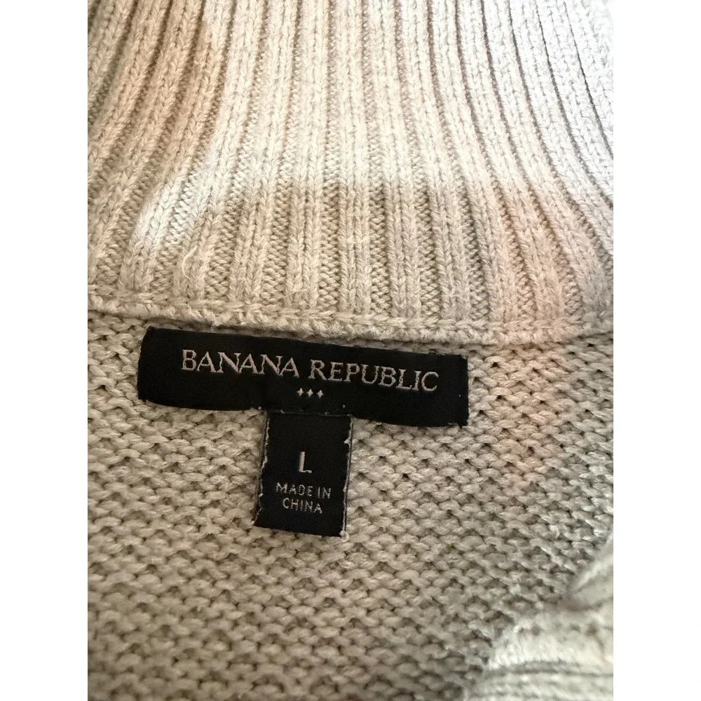 Banana Republic Mens Full Zip Cardigan Sweater Beige Ribbed Knit Mock Neck Large